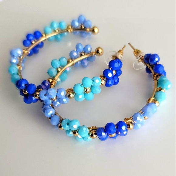 Jewelry - Bohemian Handmade Blue 🩵 💙 Crystal Beaded Flower Hoop Earrings - New Boutique